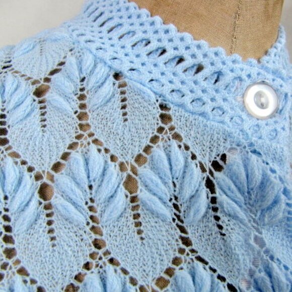 Vintage 70s Blue Sweater Cardigan Lane Bryant Medium Long Rockabilly School Girl - Picture 6 of 10